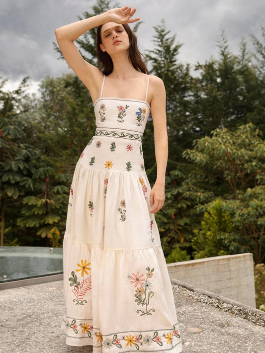 Agua Spaghetti Maxi Dress Linen Beige Sleeveless Back-zip Floral Embroidery Slash-Neck 2505084Agua