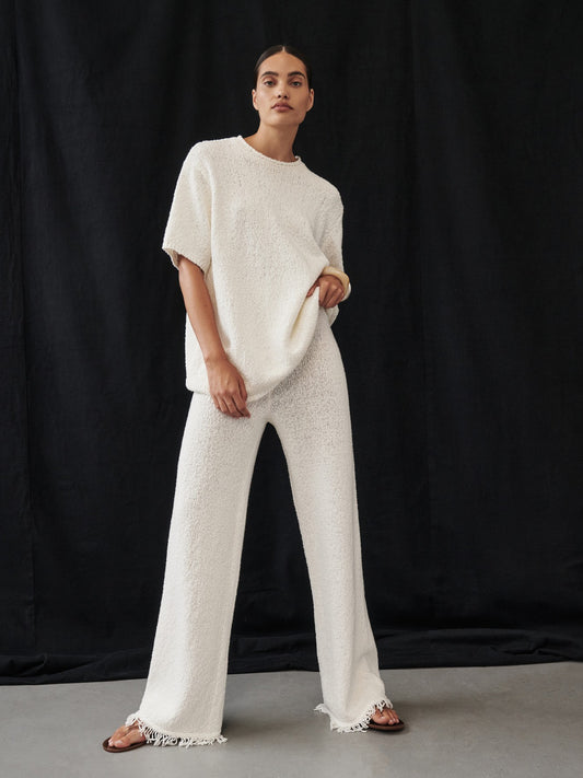 Dissh Cotton knitted Pullover Pants set beige color short sleeve wide leg tassle edge 2506074dissh