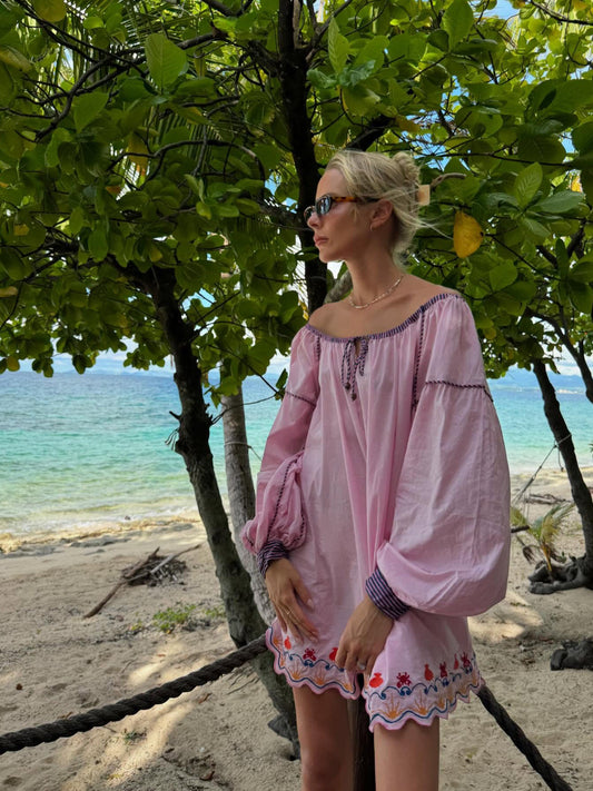 Pastel Pink Off-Shoulder Mini dress with Puff Sleeves and Embroidered Hem cotton loose 2506070kinga