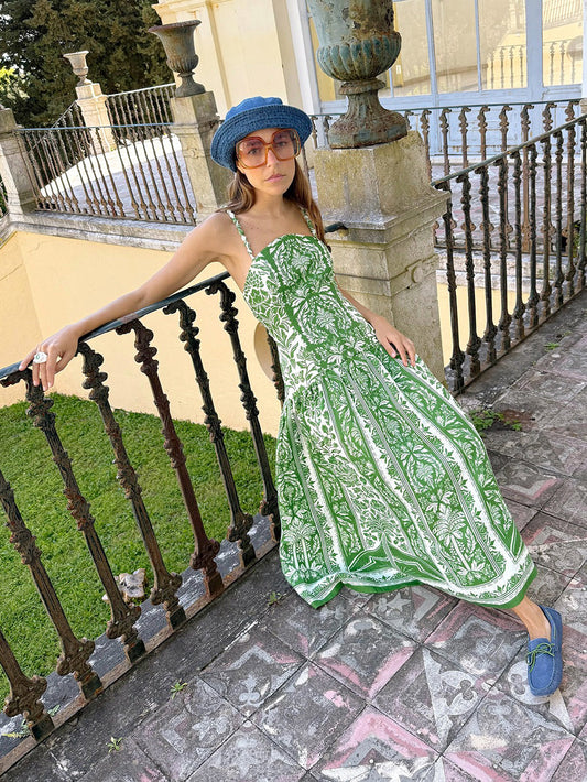 Farm Rio Spaghetti Twisted strap mid dress green floral print linen cotton side-zip cut-out 2506081farm
