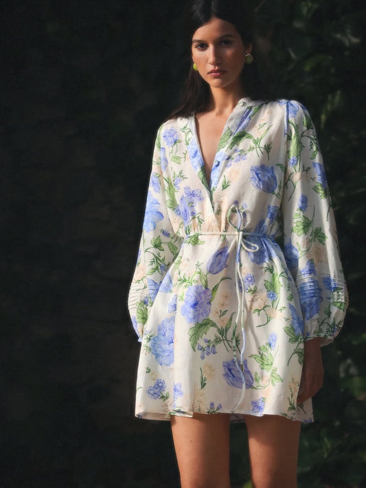 Morton Mac Summer Mini Dress Linen Blue Floral print beige puff sleeve pleated V-neck 2506047Morton