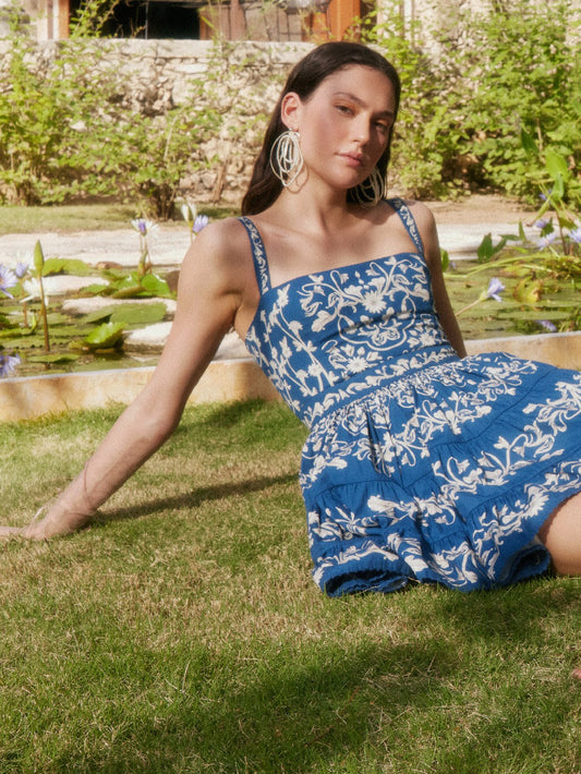 Agua Cotton Sleeveless Strappy mini Dress with Floral Print and Ruffled Layers dark blue 2506071agua