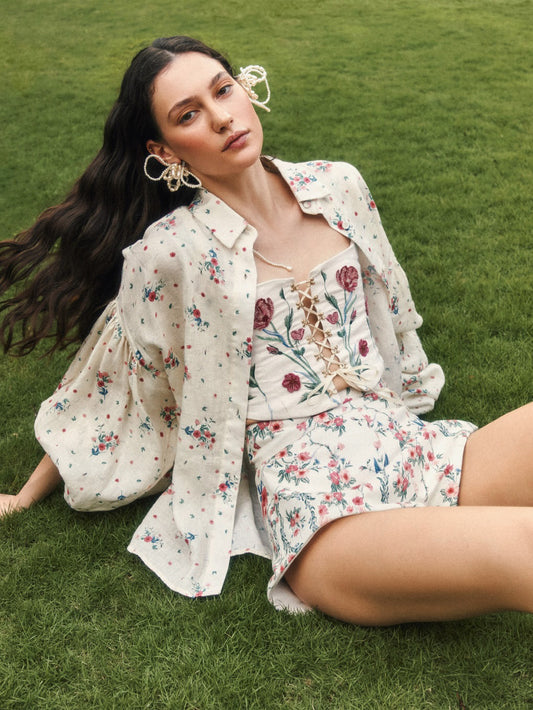Agua shirt shorts set long puff sleeve floral print front button linen fix-waist back-zip 2506072agua