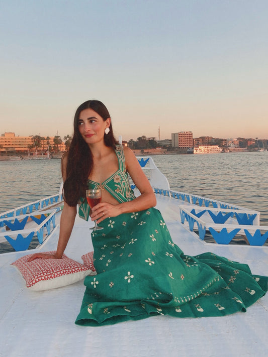 Agua Linen Open Vest Midi Skirt set Green Embroidery Sleeveless Square Neck Back-zip 2506084agua