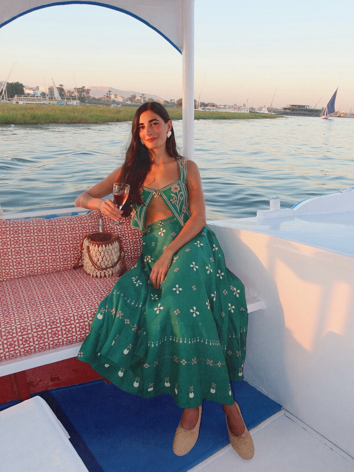 Agua Linen Open Vest Midi Skirt set Green Embroidery Sleeveless Square Neck Back-zip 2506084agua