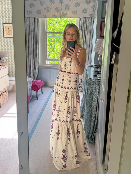 Agua Camisole Maxi Dress Beige Floral Print Embroidery Waist Rear-Zip VIscose Slash Neck 2508035Agua
