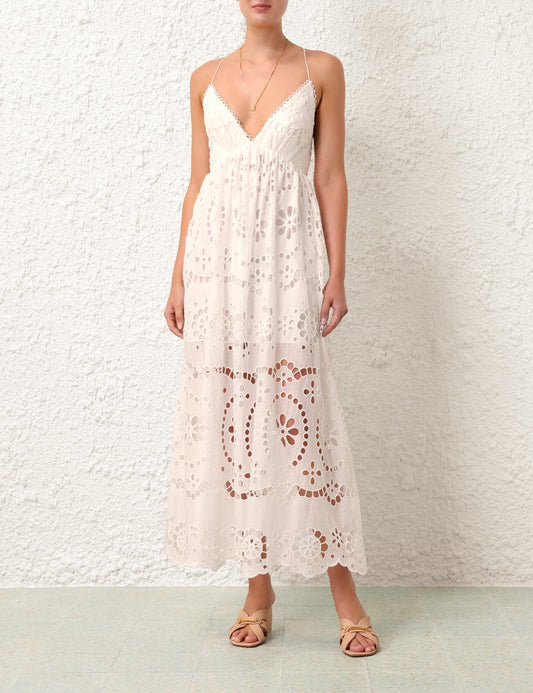 hollow-out maxi dress white embroidery sleeveless linen backless see-through Zim_030818