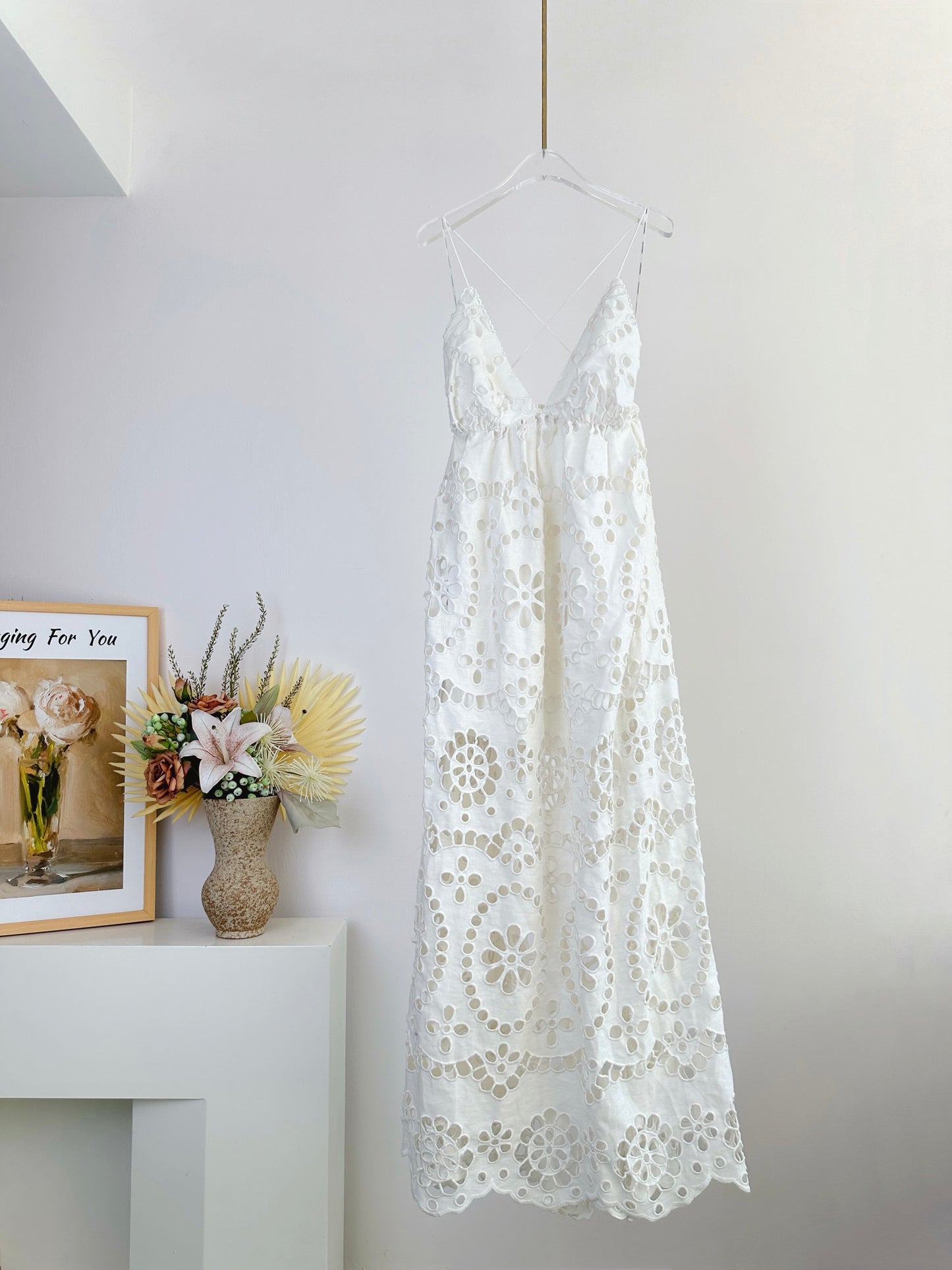 hollow-out maxi dress white embroidery sleeveless linen backless see-through Zim_030818