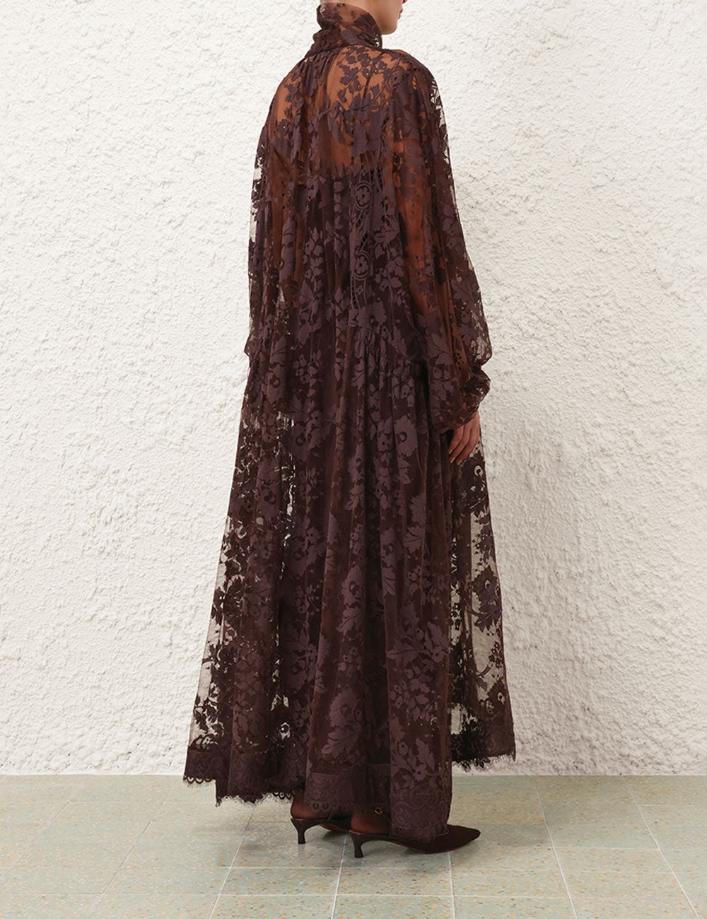 Pre-Sell Illustration lace gown maxi dress brown cotton blended neck tie  long batwing sleeves detachable slip 2410010Zim