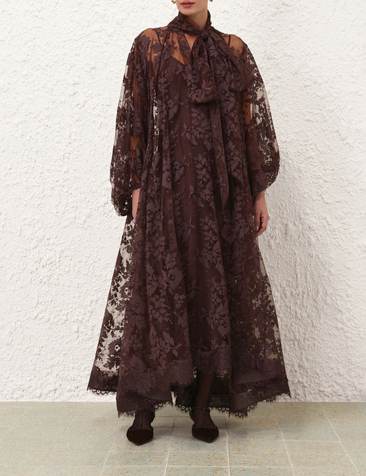 Pre-Sell Illustration lace gown maxi dress brown cotton blended neck tie  long batwing sleeves detachable slip 2410010Zim