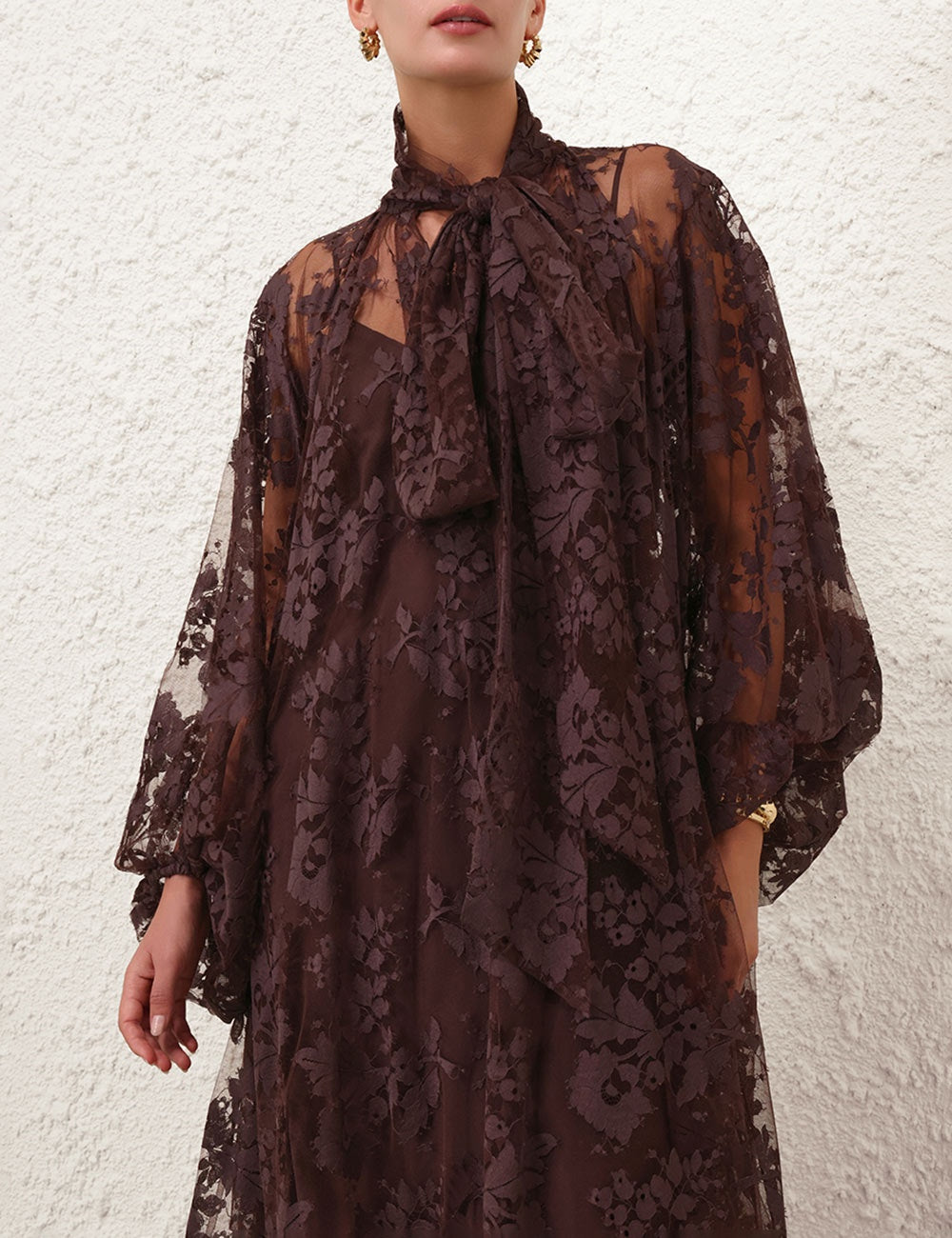 Pre-Sell Illustration lace gown maxi dress brown cotton blended neck tie  long batwing sleeves detachable slip 2410010Zim