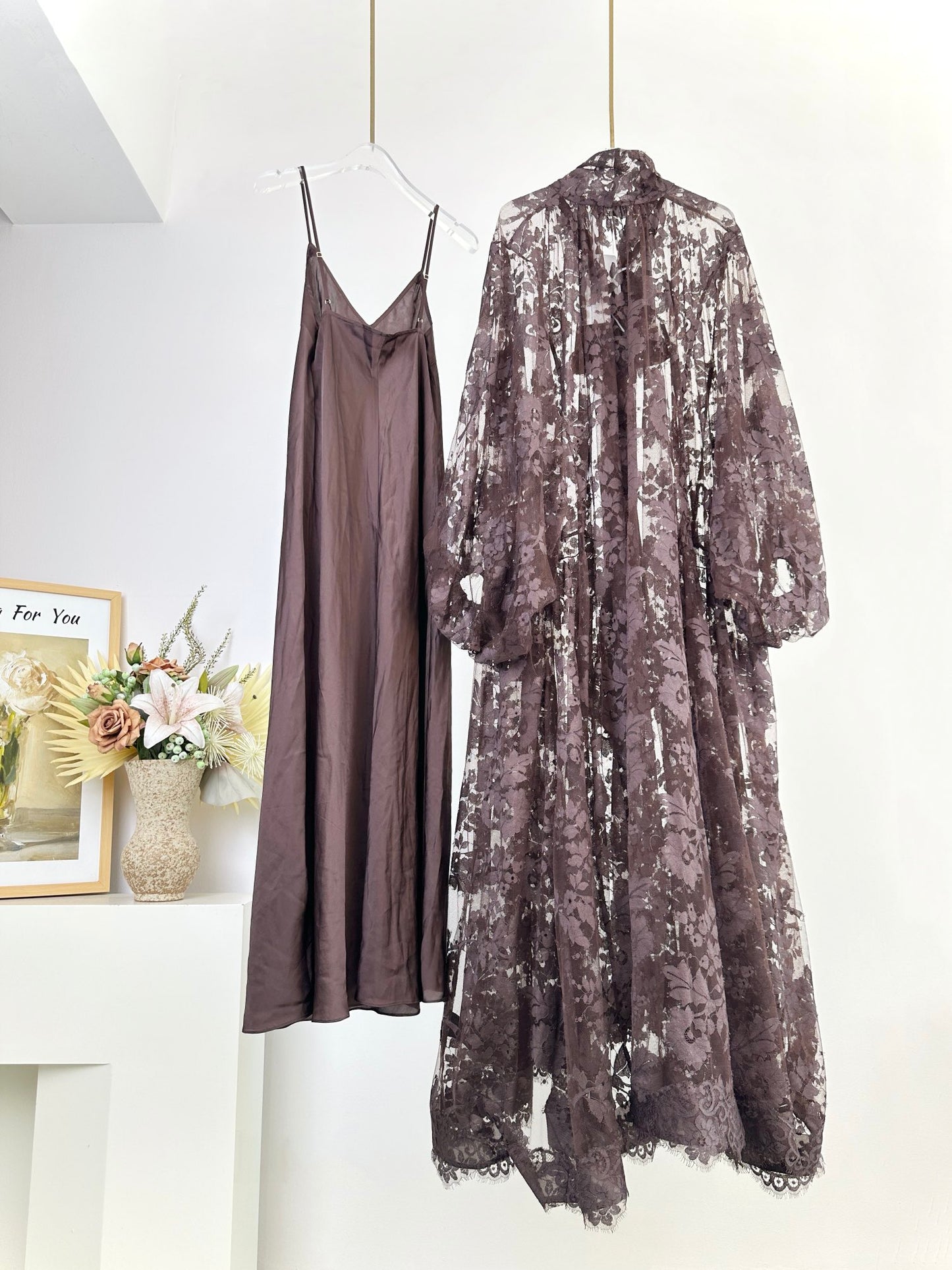 Pre-Sell Illustration lace gown maxi dress brown cotton blended neck tie  long batwing sleeves detachable slip 2410010Zim