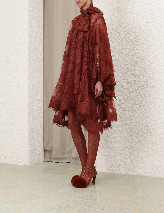 Pre-sell Illustration mini dress rust red cotton blend Chantilly lace V-neck self-tie  long puff sleeves 2410009Zim