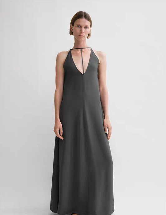 Toteme Kyro crepe maxi dress black gray T-bar strap plunging V-neck rear teardrop sleeveless 2505091TT
