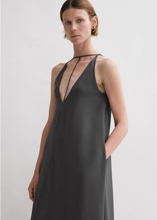Toteme Kyro crepe maxi dress black gray T-bar strap plunging V-neck rear teardrop sleeveless 2505091TT