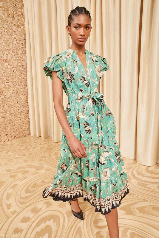 Ulla Johnson Floral Print Midi Dress Short Puff Sleeve Light Green Belted Waist V-neck 2506078UJ