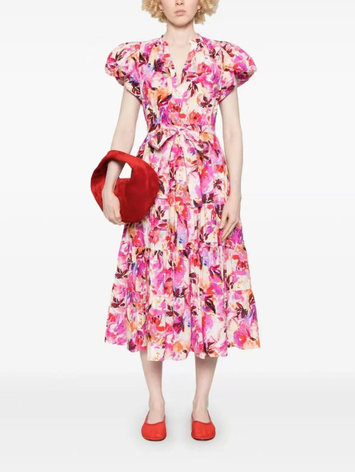 Ulla Johnson Midi Sleeve Short Puff Sleeve Pink Floral Print V-neck Holiday Style belted 2506076UJ
