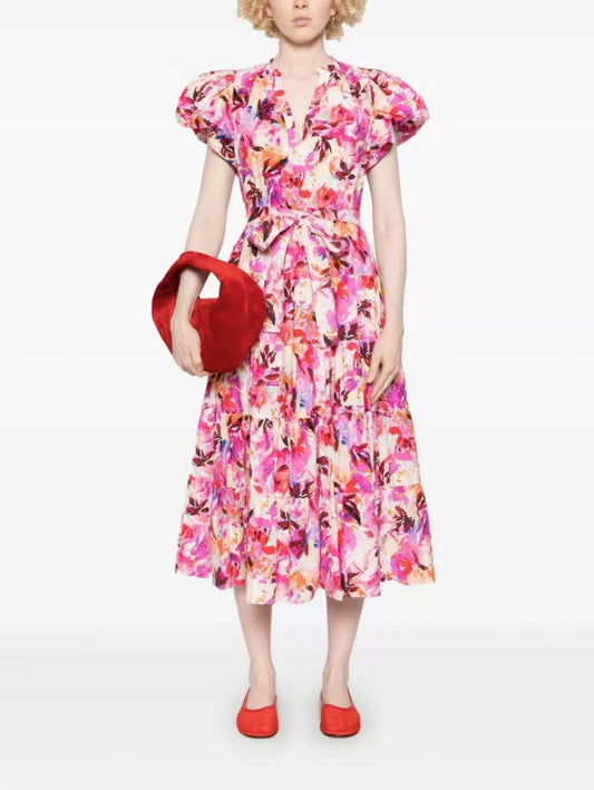 Ulla Johnson Midi Sleeve Short Puff Sleeve Pink Floral Print V-neck Holiday Style belted 2506076UJ