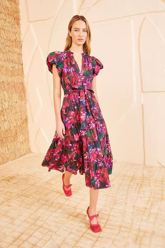 Ulla Johnson Summer Midi Dress Floral print rosa short puff sleeve belted waist v-neck 2506080UJ