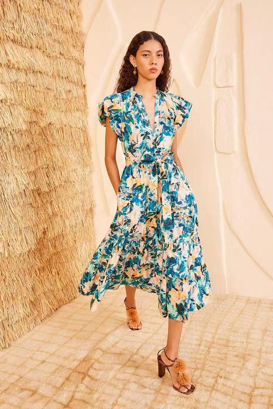 Ulla Johnson Midi Floral print dress short puff sleeve V-neck Belted waist blue 2506079UJ
