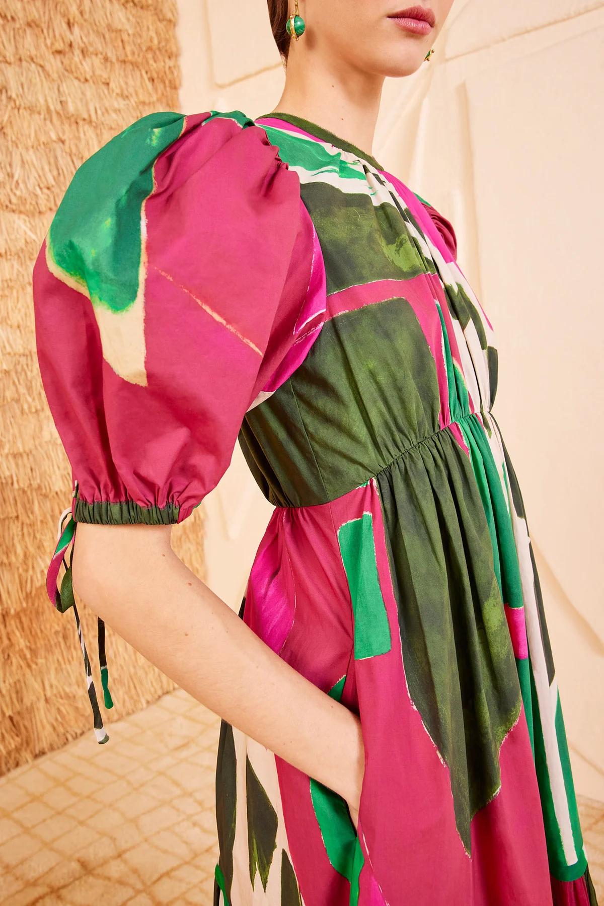 Ulla Johnson Silk Midi Dress Short Puff Sleeve Abstract prints Rosa Green back-zip 2506077UJ
