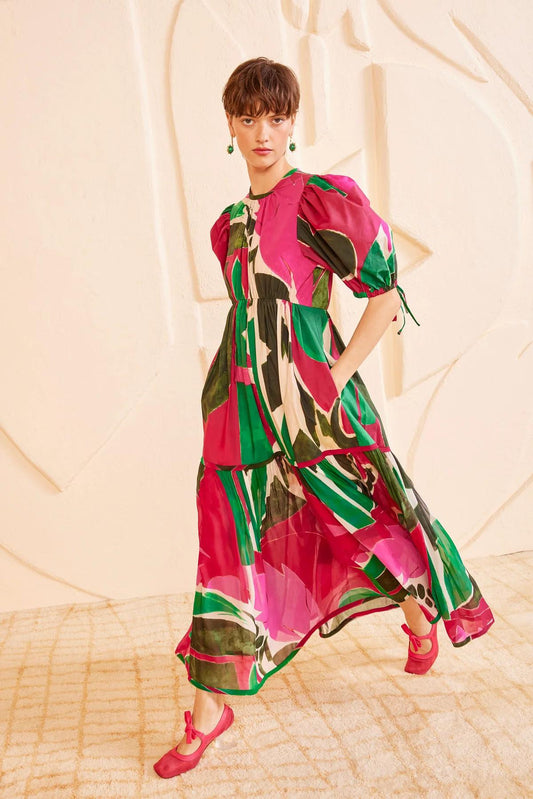 Ulla Johnson Silk Midi Dress Short Puff Sleeve Abstract prints Rosa Green back-zip 2506077UJ