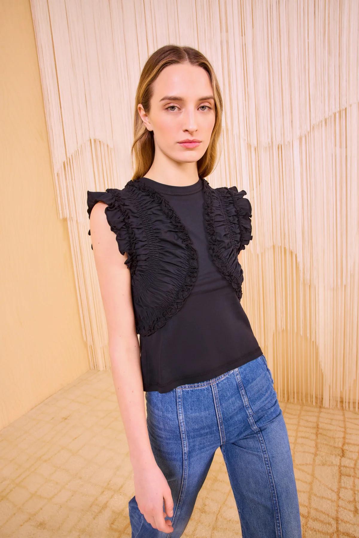 Ulla Johnson Summer Tank Top Shirt Sleeveless Black Pleated Ruffles Cotton Round-Neck 2506051UJ