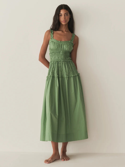 Doen Midi Dress Green Cotton Sleeveless Ruffels Elastic Summer Slash Neck Pleated 2506012Doen