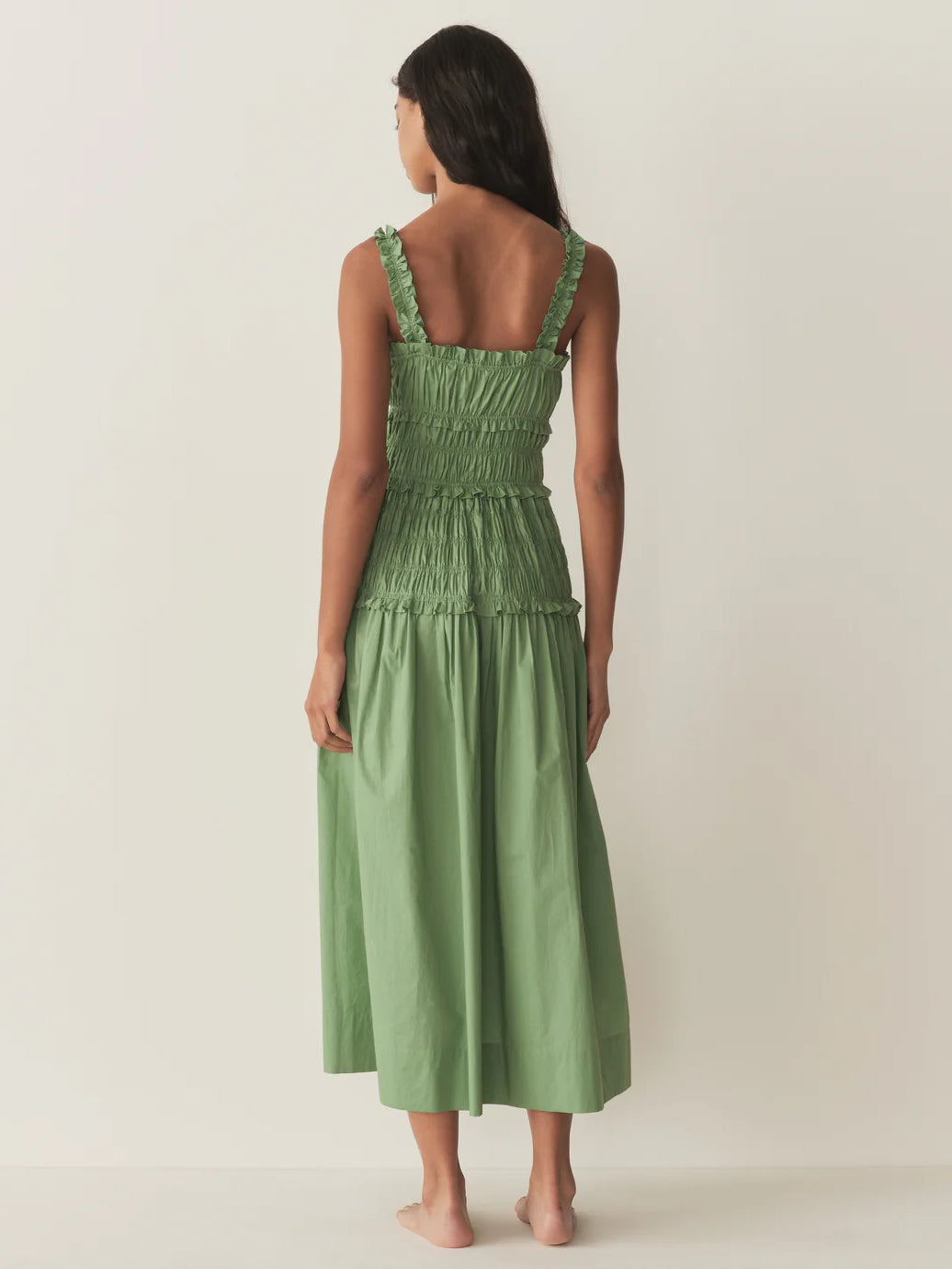 Doen Midi Dress Green Cotton Sleeveless Ruffels Elastic Summer Slash Neck Pleated 2506012Doen