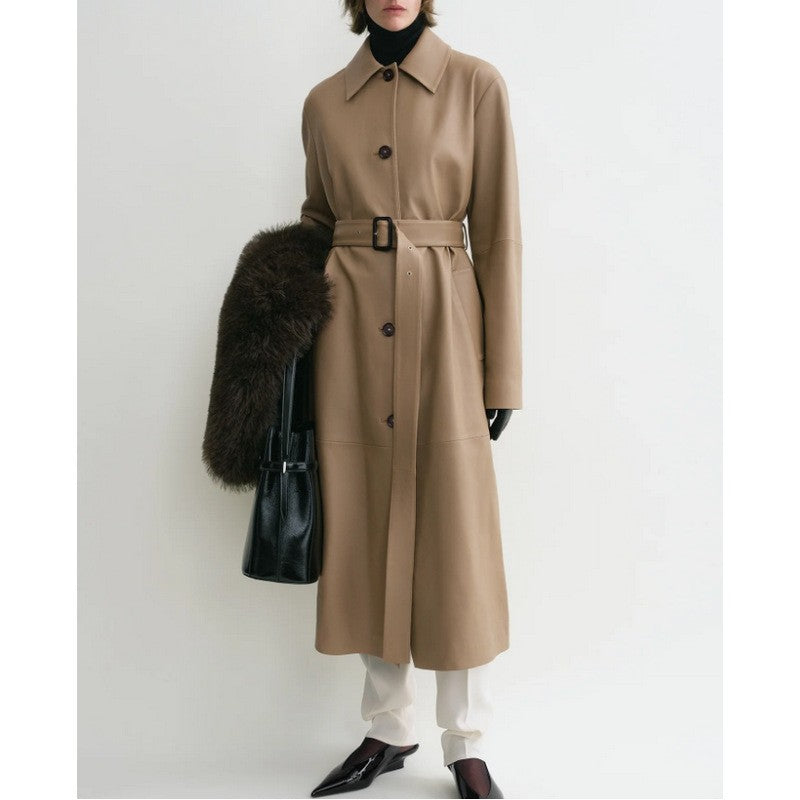 2411037TT Toteme Belted Artificial Leather Trench Coat Khaki Front Button Long Sleeves Side Pocket Lining