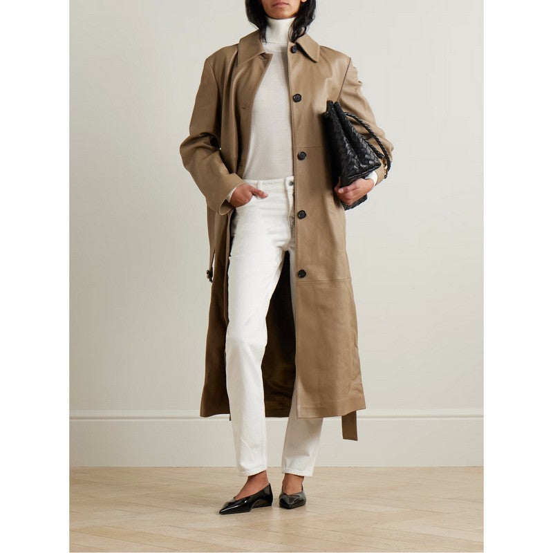 2411037TT Toteme Belted Artificial Leather Trench Coat Khaki Front Button Long Sleeves Side Pocket Lining