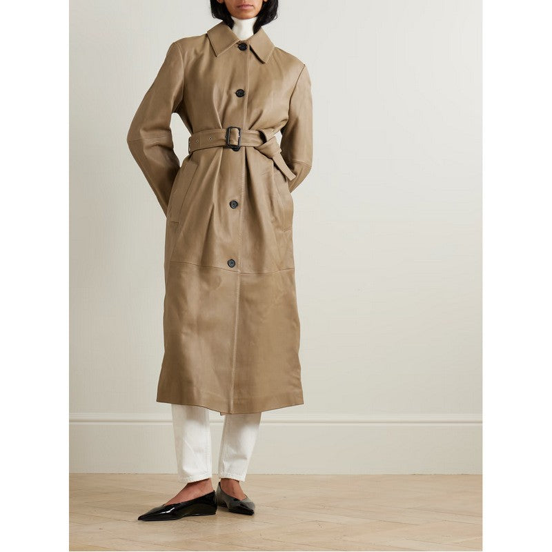 2411037TT Toteme Belted Artificial Leather Trench Coat Khaki Front Button Long Sleeves Side Pocket Lining