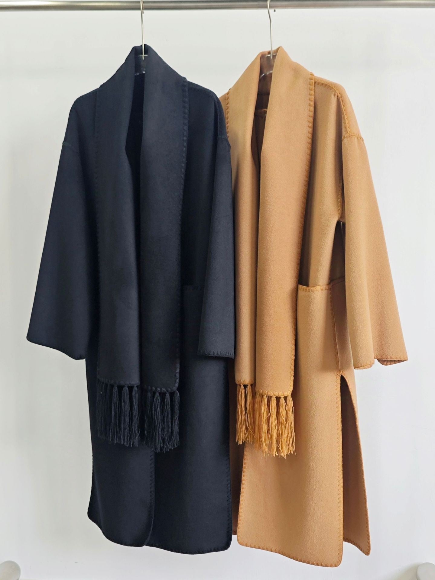 Toteme embroidered scarf coat midi length black camel wool blended tassle scarf pocket front button 2410056TT