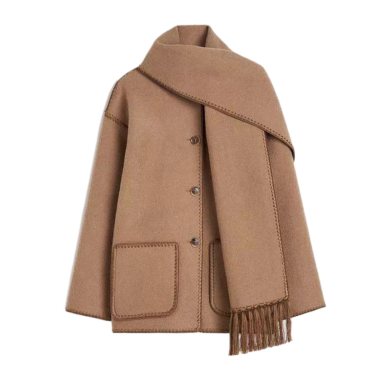 Toteme whipstitch-trim scarf jacket caramel brown wool blend attached scarf front button tassel trim 2410069TT