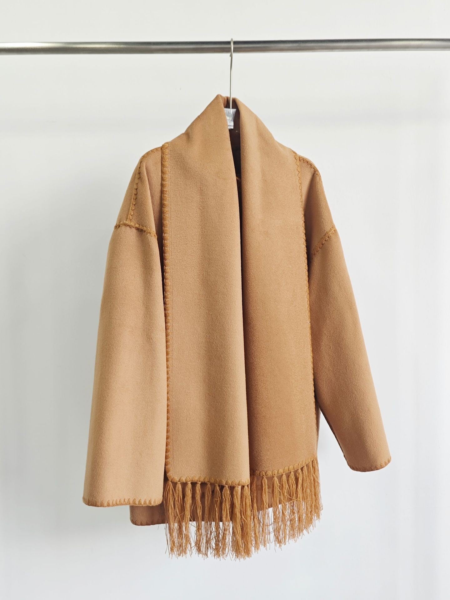 Toteme whipstitch-trim scarf jacket caramel brown wool blend attached scarf front button tassel trim 2410069TT