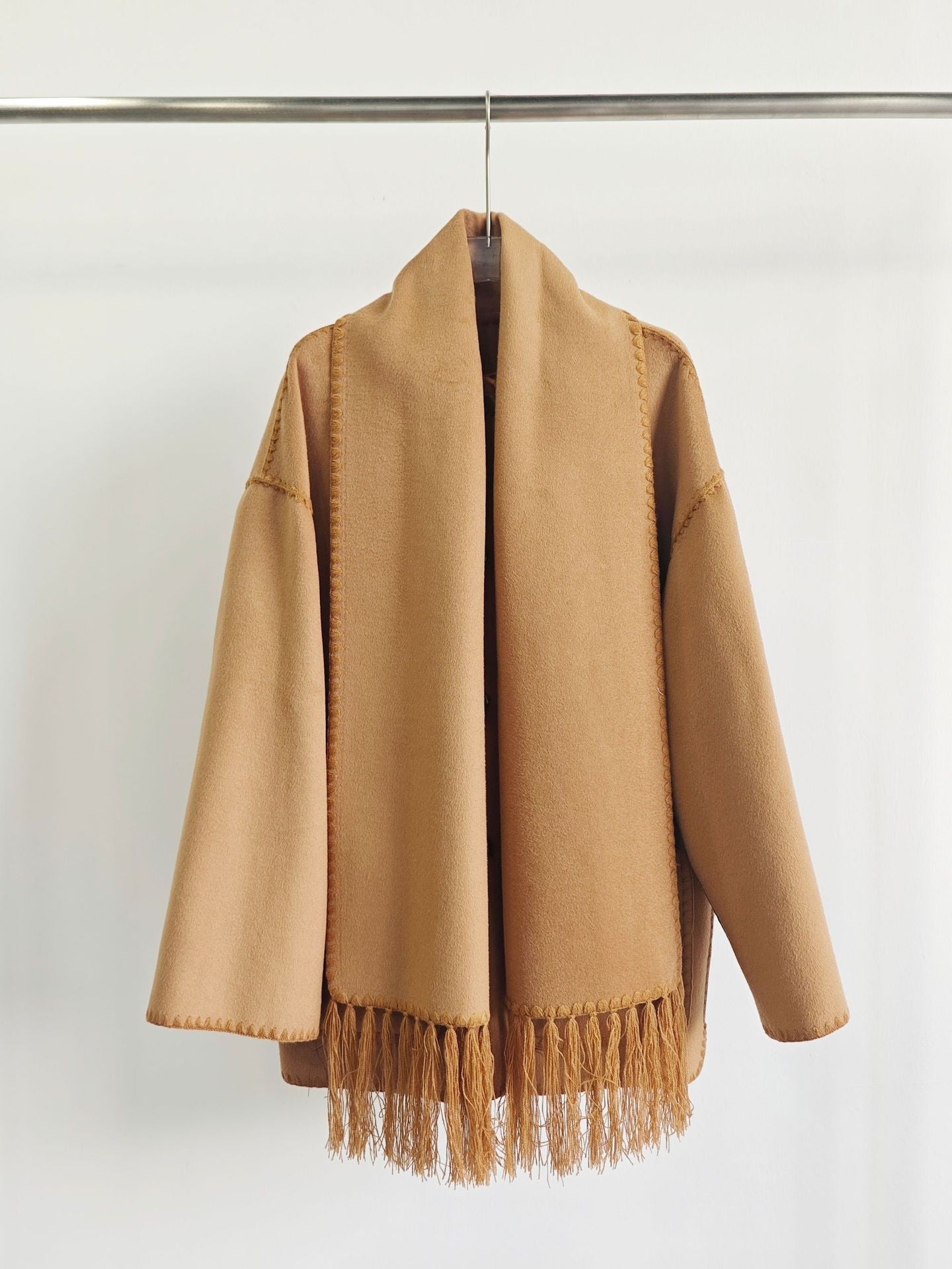 Toteme whipstitch-trim scarf jacket caramel brown wool blend attached scarf front button tassel trim 2410069TT