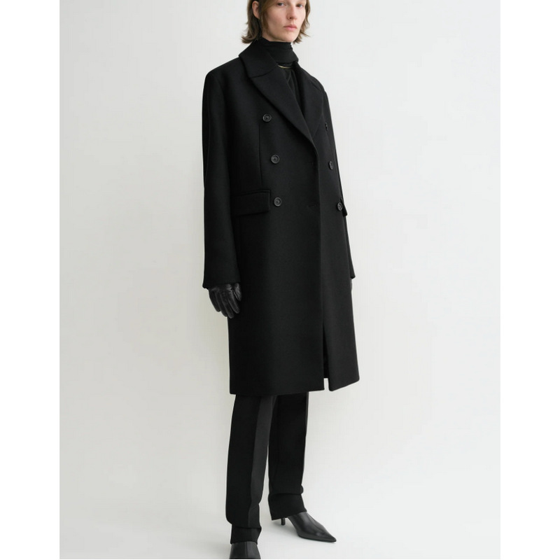 Toteme Winter Midi Coat Wool Blended Black Front Button Pocket Straight Hem Long Sleeve 2411023TT