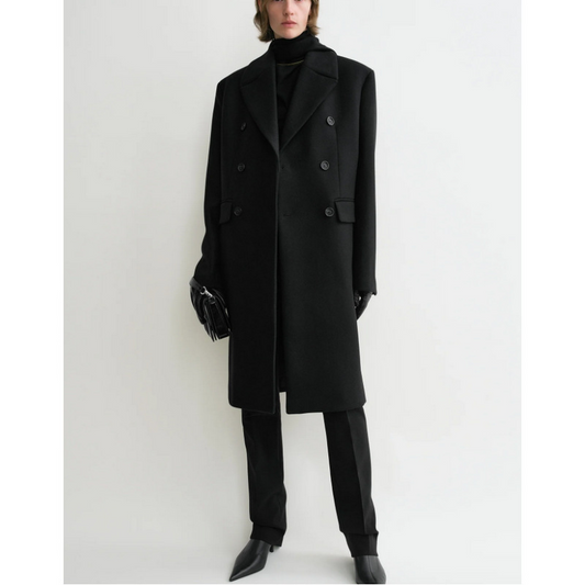 Toteme Winter Midi Coat Wool Blended Black Front Button Pocket Straight Hem Long Sleeve 2411023TT