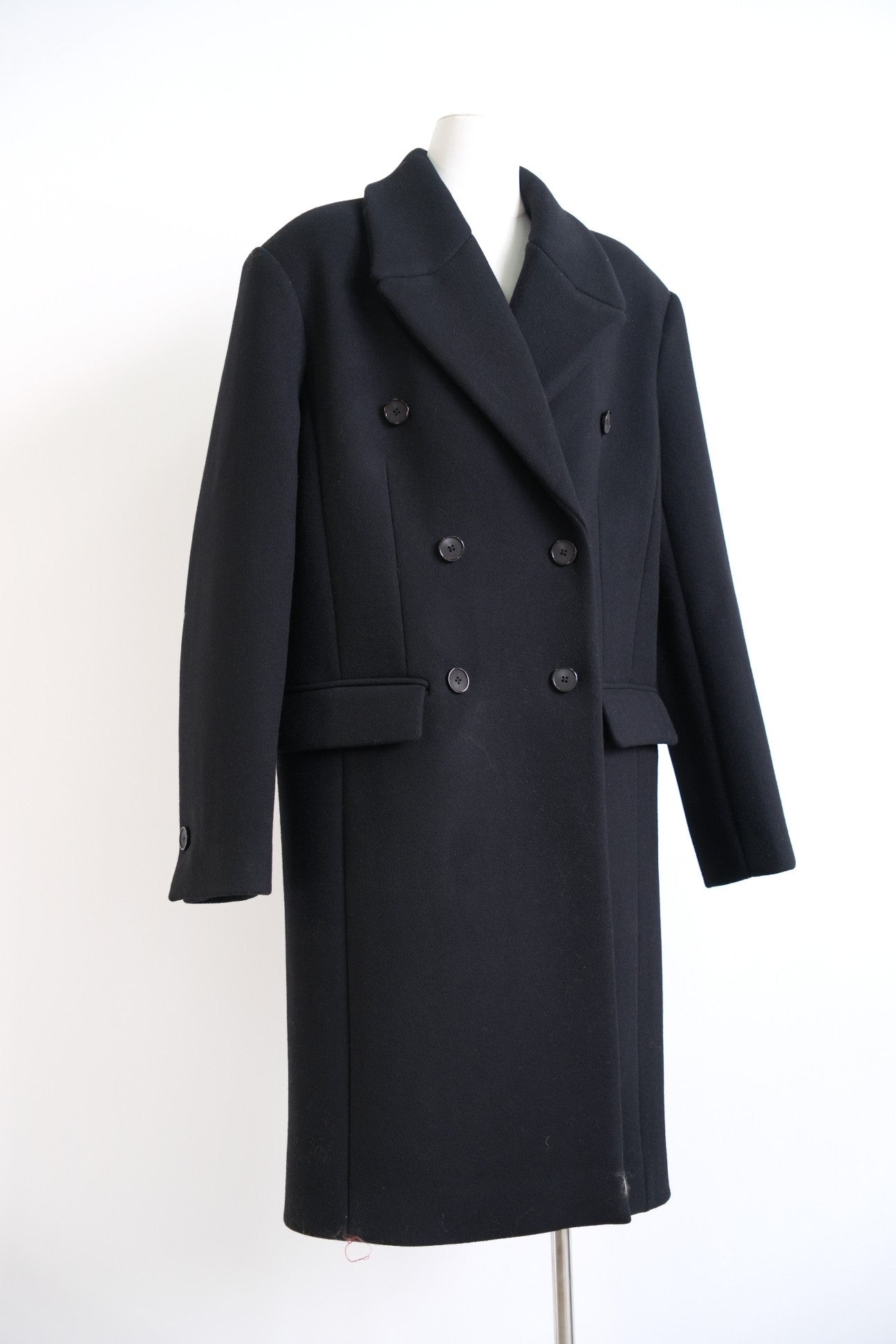 Toteme Winter Midi Coat Wool Blended Black Front Button Pocket Straight Hem Long Sleeve 2411023TT