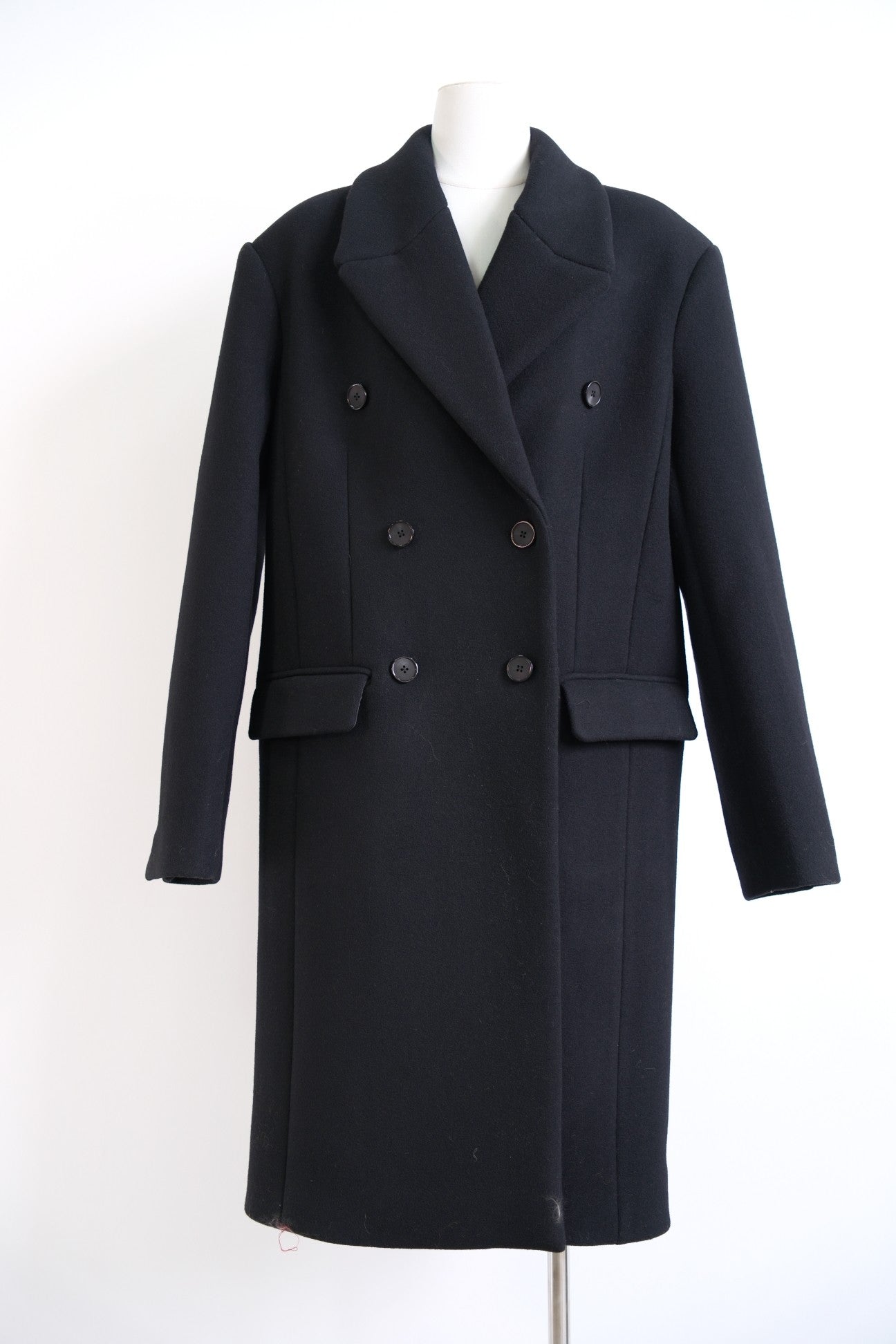 Toteme Winter Midi Coat Wool Blended Black Front Button Pocket Straight Hem Long Sleeve 2411023TT