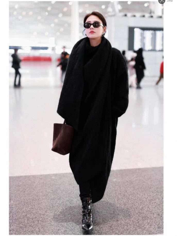 The Row Woolen Cocoon Coat Scarf Collar Oversize Black Long Sleeven Maxi Length 2511001TR