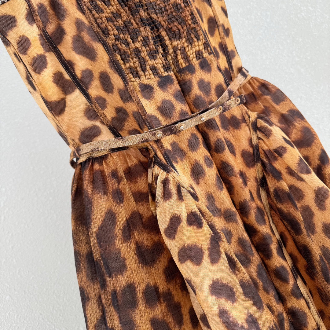 2411089Zim Zimmermann Midi Camisole Dress Leopard Print Brown Waist Belt Silk Linen Rear Zipper