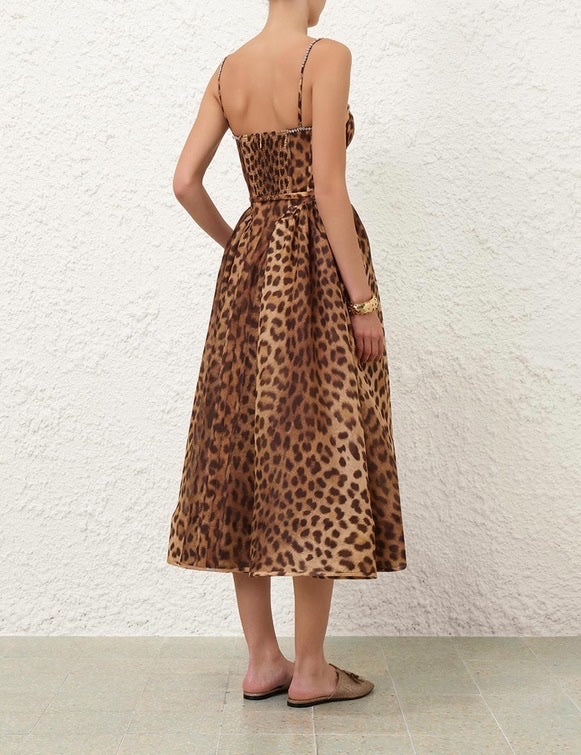 2411089Zim Zimmermann Midi Camisole Dress Leopard Print Brown Waist Belt Silk Linen Rear Zipper