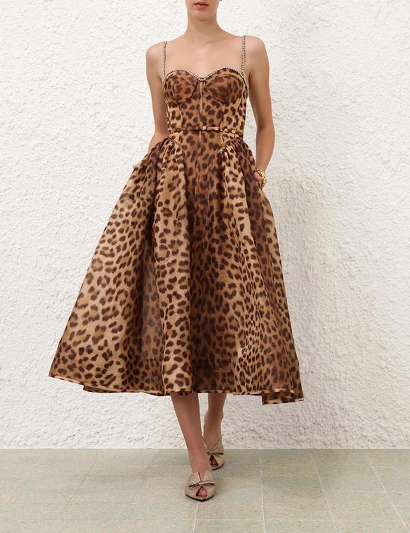 2411089Zim Zimmermann Midi Camisole Dress Leopard Print Brown Waist Belt Silk Linen Rear Zipper