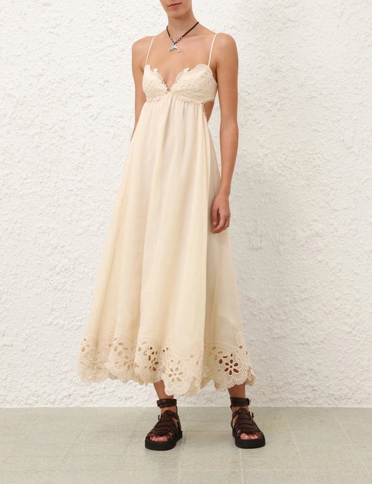 Zimmermann floral-embroidered midi dress beige spaghetti straps V-neck backless 2506022Zim