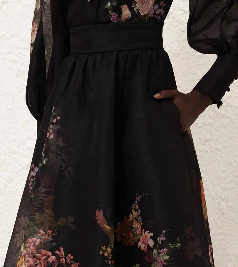 Pavilion blouse midi skirt set black linen-silk blend floral printed long puff sleeves slit pockets 2409052Zim