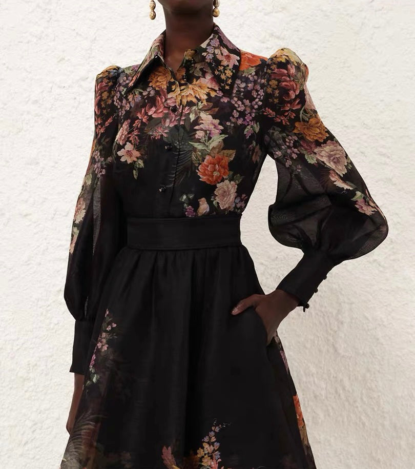 Pavilion blouse midi skirt set black linen-silk blend floral printed long puff sleeves slit pockets 2409052Zim