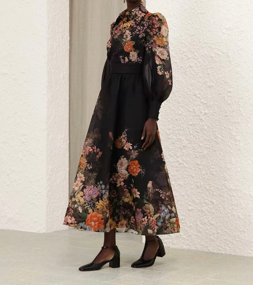 Pavilion blouse midi skirt set black linen-silk blend floral printed long puff sleeves slit pockets 2409052Zim