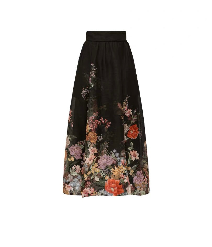 Pavilion blouse midi skirt set black linen-silk blend floral printed long puff sleeves slit pockets 2409052Zim