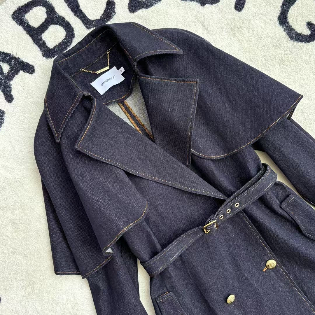 Zimmermann Women Denim Jacket Coat Cotton Dark Blue Belted Oversize Long Sleeve 2501013Zim